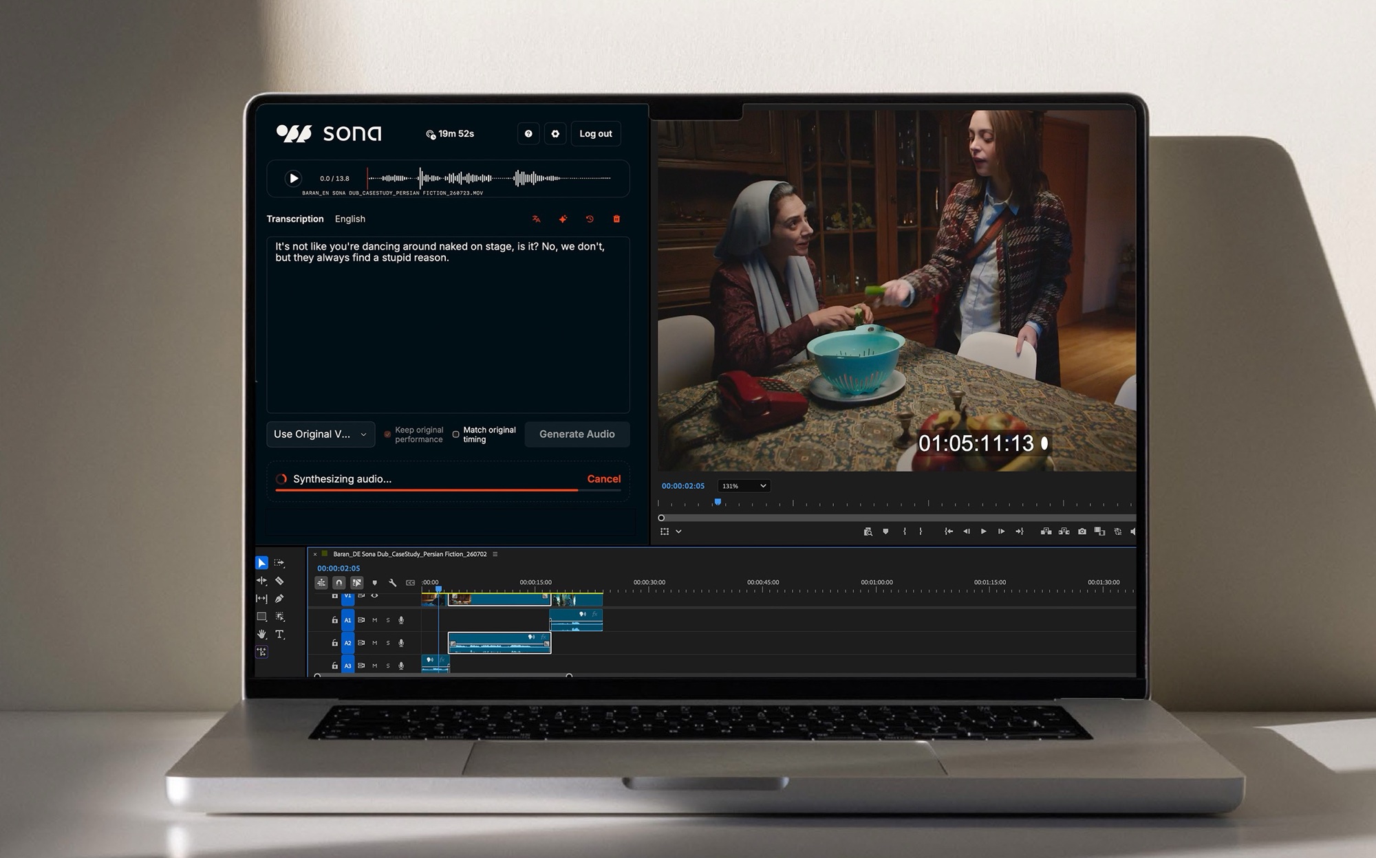 The SONA plugin next to a Premiere Pro dub session